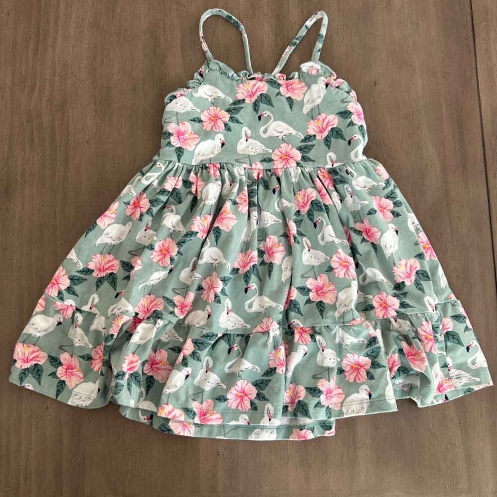 Janie and Jack Girls Floral Flamingo Dress Size 3 Cotton